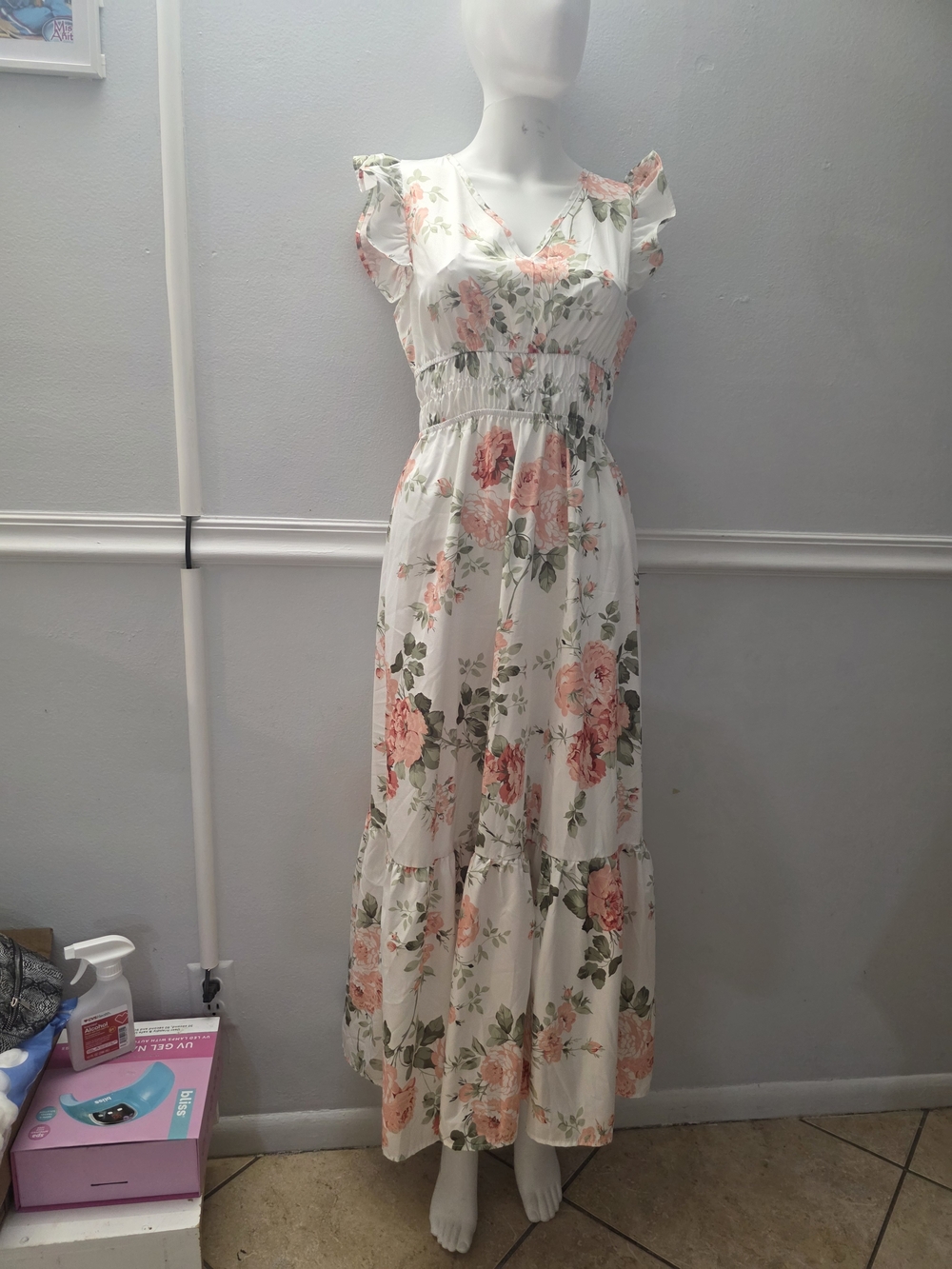 SHEIN White Maxi Dress with Peach Floral Print